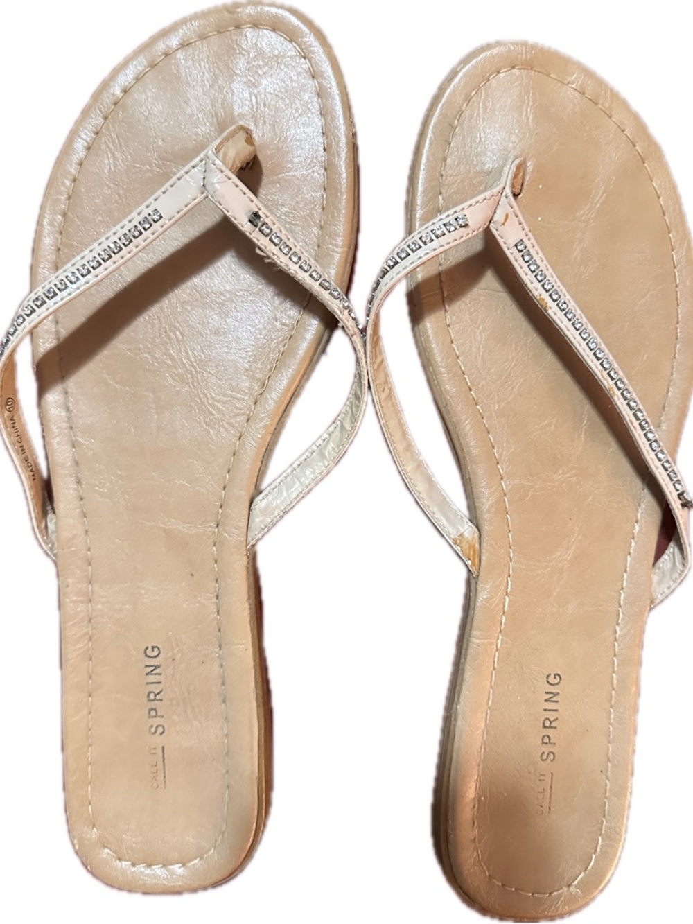 Call It Spring Champagne Rhinestone Thong Sandals